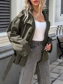 Abrigo de trinchera para mujer con solapas grandes, unicolor, bolsillos, doble botonadura, cinturón en la cintura, chaqueta de estilo universitario - Verde - Ver 2