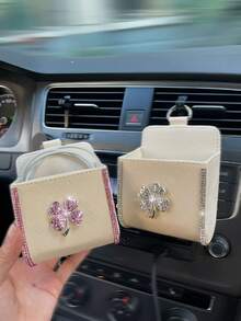Rhinestone Clover Car Air Vent Storage Box, Car Interior Organizer, Phone Holder, High-End Car Decor, New Car Gift