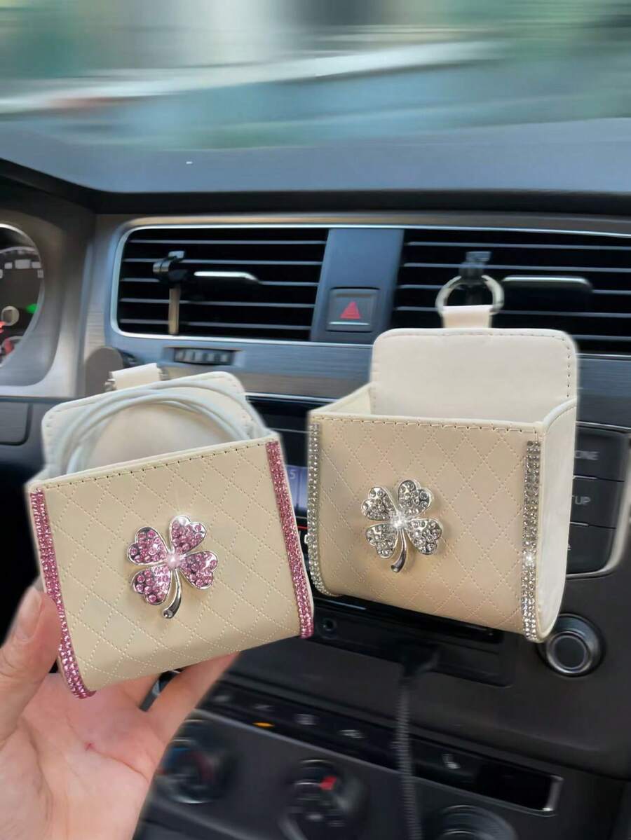 Rhinestone Clover Car Air Vent Storage Box, In-Car Organizer, Phone Holder, Decorative Accessory, New Car Gift - Diamond Four-leaf Clover - View 1