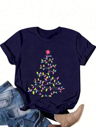 Christmas Plus Size Women's Graphic Tees Fashionable Christmas Tree Round Neck Short Sleeved T Shirt&Top Loose And Comfortable Ladies Autumn And Winter Base Shirt Holiday Gift Family Party Fun Gift