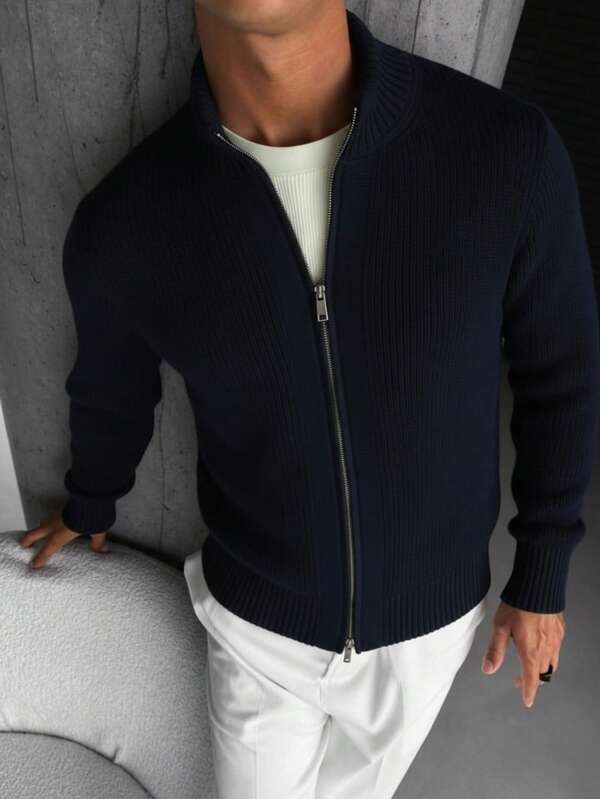 Cardigan casual pentru bărbați, cu mânecă lungă și fermoar, versatil pentru purtare zilnică