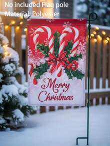 1 pièce Drapeau de jardin Candy Cane de Noël joyeux (mât de drapeau non inclus), bannière de cour double face avec houx et baies festives, design résistant à la décoloration, décoration saisonnière d'extérieur/intérieur pour jardin, patio ou maison, décorations de Noël d'extérieur, décoration de patio, design de paysage enneigé