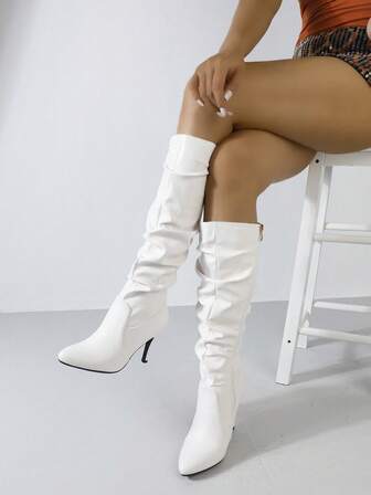 Timesize Botas de invierno para mujer, elegantes botas vaqueras para damas, botas altas, botas blancas, botas de moda para mujer, botas hasta la rodilla, botas de tobillo, botas de tacón de aguja, patrón de arruga aleatorio, tacones altos