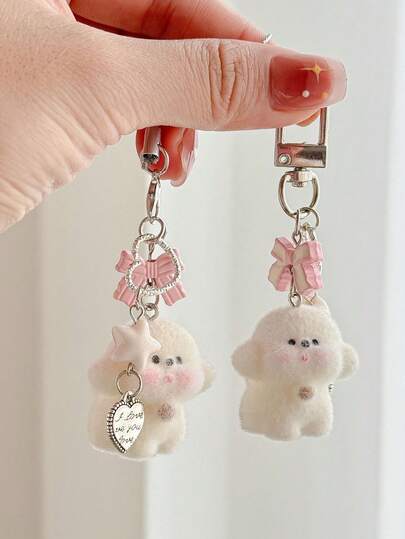 1pc Cute Flocked Bear Phone Charm & Keychain - Adorable Flocked Bear With Heart-Shaped Ears And Bow, In Soft Pink And White Color, Reliable Design For Decoration On Bags, Keys, Backpacks, Car Keys - Girls Gift, Daily Accessory (No Battery/Electronics) - Multifunctional For Bags And Keys, Charming Gift For Girl''s Birthday/Anniversary