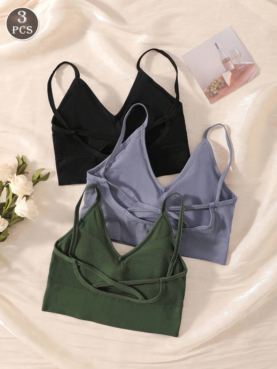 3pcs/Set Women's Criss-Cross Back Wireless Bras - Multicolor - View 1