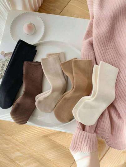 5 Pairs Unisex Warm Winter Socks, Thick Fleece Insulated Couple Socks Suitable For Home, Travel, Warm Socks With Striped Cuffs, Soft Mid-Calf Socks, Warm Snow Socks, Sleep Floor Socks, Merino Wool Snow Socks