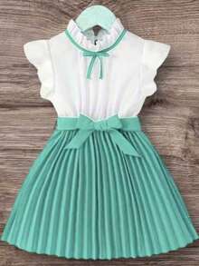 Children's Pleated Dress For Church Events, Ages 2 To 14 - Green - View 2