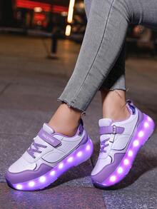 Patins recarregáveis com LED unissex, patins infantis, patins multifuncionais transformáveis, adequados para todas as estações, com rodas removíveis para patinação ao ar livre e esportiva - Roxa - Ver 7