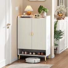 Zapatero moderno de dos puertas, organizador de almacenamiento para armario de vestíbulo, zapatero de MDF, zapatero de 3 niveles blanco, cajón inferior abierto, 75 x 35 x 110 cm, capacidad de carga: 20 kg. - Blanco - Ver 7