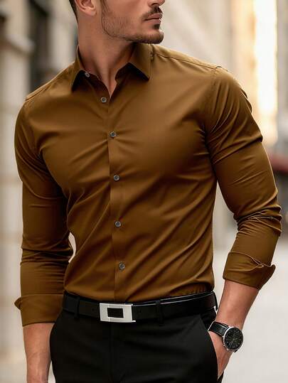 Men's Solid Color Button Design Formal Long Sleeve Shirt, Solid Color