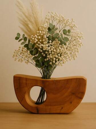 1pc Outdoor Garden Imitation Wood Sculptural Hollow Decor Vase, Nordic Rustic Art Ornament For Yard / Patio / Balcony / Courtyard Landscaping, Suitable For Dried Flowers & Faux Plants