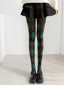 Plaid, Striped, Green,  Pantyhose, Diamond Pattern Nylon Tights, Cartoon Checkered Cat Print Leggings, High Stretch Breathable Comfortable Slimming Yoga Tights For Women - 深綠色 - 查看 4