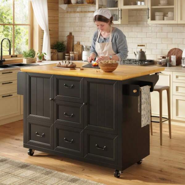 Kücheninsel, Schrank, Credenza, 120x73(45) x 93 cm, ausziehbarer Küchenwagen auf Rollen mit Handtuchhalter und Gewürzregal, verstellbare Einlegeböden, zwei Türen, fünf Schubladen, weiß/schwarz