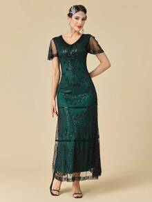 Women's Flapper Dress 1920s V-Neck Evening Gown Sequin Beaded Long Dress For Wedding