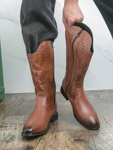 Botas Masculinas de Cano Alto, Botas Retrô Britânicas Xadrez Estilo Ocidental, Botas Masculinas para Uso Externo - Castanho - Visão 3