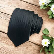 Solid Color Striped Men's Tie With Quality Texture, A Must-Have For Weddings, Business And Formal Occasions - Black - View 2