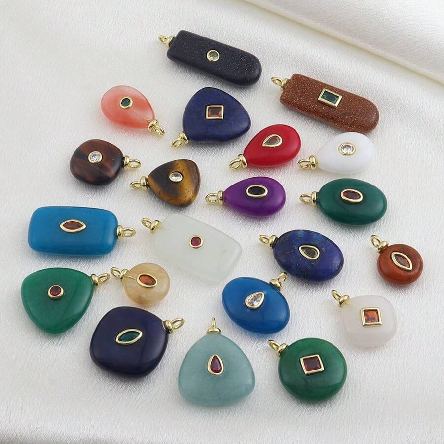 1pc Copper Geometric Natural Stone Pendant, DIY Micro-Inlaid Diamond, Agate, Turquoise Bracelet, Necklace, Earrings, Charms, Fashionable & Versatile Jewelry Accessories - Multicolor - View 1
