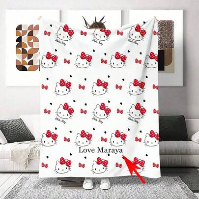 Sanrio 1PC Personalized Customization Of Single-Layer Blankets, Customized Multiple Hellokitty Sofa Blankets With Red Bows, 300g Thick Blankets Suitable For Girls' Sofas, Living Rooms, Bedrooms, Personalized Gifts