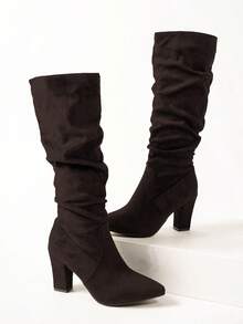 弹力针织尖头高跟高筒靴，新款秋季高跟度假风女靴，褶皱设计，拉长腿部线条，音乐节靴子，百搭切尔西靴，舒适的布质靴子 - 咖啡棕 - 查看 7