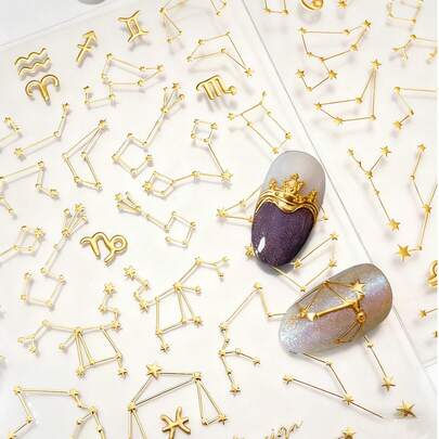 1 tờ nhãn dán móng tay 12 cung hoàng đạo, thiết kế nổi 3D, hình chòm sao vàng và 12 cung hoàng đạo, nhãn dán móng tay tự dính có thể tái sử dụng, trang trí móng tay cho phụ nữ, phụ kiện móng tay sang trọng mơ mộng, quà tặng cá nhân hóa