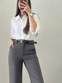 Women's Minimalist Design Flared Leg Casual Trousers, Suitable For Commuting, Office, Daily Wear, All Seasons