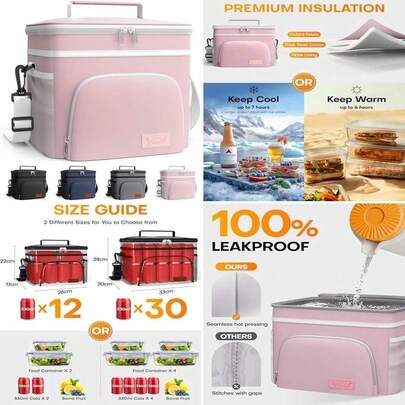 Insulated Lunch Bags - 4 Pockets, Adjustable Strap, Ideal For Work, Picnic, Travel - 9L, Light Pink, 26 X 22 X 17 Cm