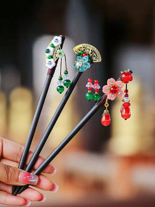 Elegant Chinese Style Floral Hair Stick, Tasseled Hair Accessory, Detailed And Vibrant Color, Suitable For Formal Occasions Like Weddings And Parties, Adds A Luxurious Touch, Bun Extension, Pins For Hair