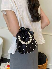 女士珍珠镶嵌丝绸小手提包、新款时尚晚装包、派对手拿包、珍珠链单肩水桶包、优雅百搭手机袋和零钱包 - 黑色 - 查看 4