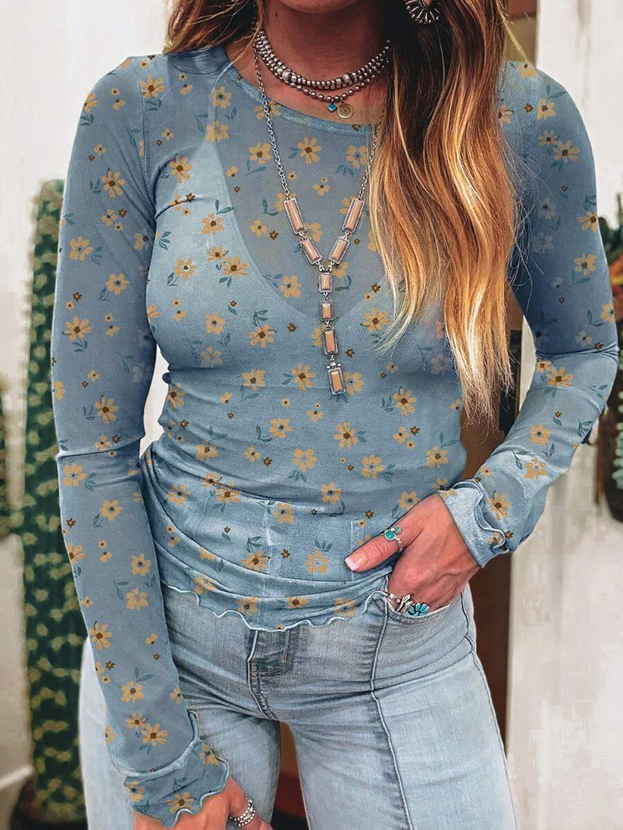 Acelitt 女士复古印花透视网纱性感修身长袖圆领上衣，海湾绿，度假风，秋季 - 藍色 - 查看 1