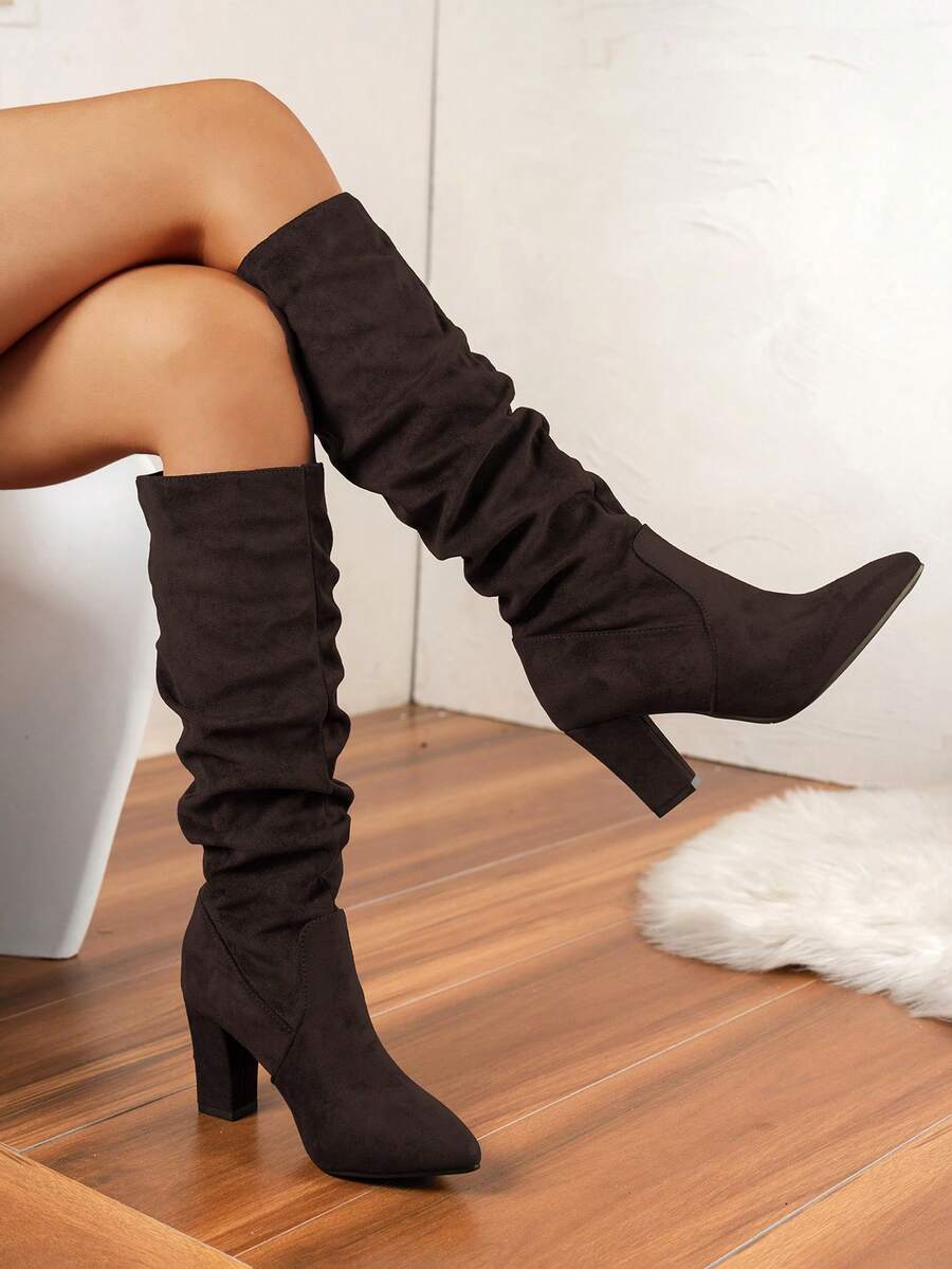 弹力针织尖头高跟高筒靴，新款秋季高跟度假风女靴，褶皱设计，拉长腿部线条，音乐节靴子，百搭切尔西靴，舒适的布质靴子