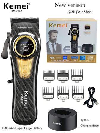 Kemei Cortadora de pelo profesional KM-2242 con 9000RPM de alta velocidad, máquina de corte de pelo con base de carga, motor eléctrico sin escobillas de 10W de gran potencia, máquina de corte de pelo para hombres, regalo de cumpleaños para hombres, nueva versión KM-2242, corte de pelo de Navidad y Año Nuevo
