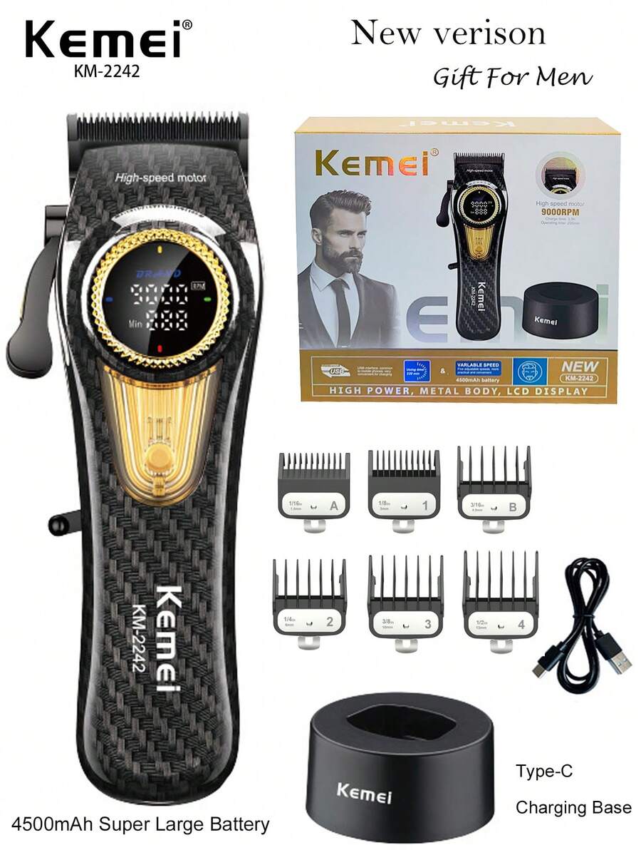 Kemei KM-2242 专业理发器，9000RPM 高速理发器，带充电底座，10W 强劲无刷电机，男士电动理发器，男士生日礼物，新款 KM-2242 圣诞节和新年理发器
