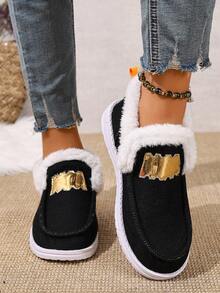 1 双女士黑色休闲鞋，带金色亮片和保暖内衬，轻质鞋底，一脚蹬运动鞋，易于穿着