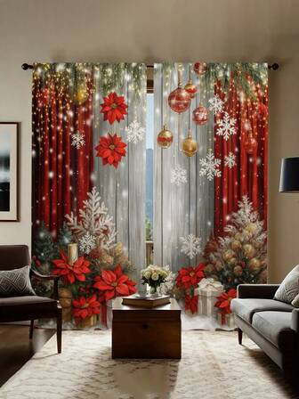 1 Juego de 2 Piezas, 2D Plano, Arte Moderno Navideño, Árbol de Navidad, Papá Noel, Copo de Nieve Navideño, Cortinas Decorativas para Sala de Estar, Cortinas Semiopacos, Cortinas Semitransparentes, Cortinas para Dormitorio, Cortinas para Sala de Estar, Cortinas Decorativas para el Hogar