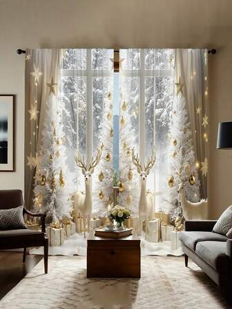 Set de 2 cortinas decorativas semiopacos y semitransparentes con diseños modernos planos de árbol de Navidad, Papá Noel y copos de nieve para sala de estar, dormitorio y decoración del hogar