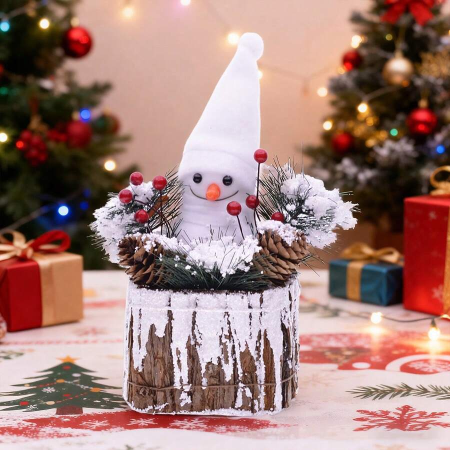 Christmas Snowman Figurine With Burlap Hat And Festive Accents Unique Christmas Ornament In Tree Stump Tabletop Decor - Trắng tinh khiết - Xem 1