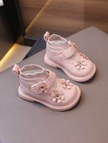 1 Pair Girls Flower Cute Baby Sock Boots, Leather Upper Anti-Slip Soft Sole Everyday Wear, Suitable For Autumn/Winter, Hook And Loop Design Toddler Booties - Pink - View 4
