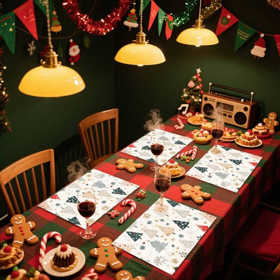 1 pièce/4 pièces/6 pièces/100 pièces Sets de table motif sapins de Noël et flocons de neige, sets de table rectangulaires en polyester lavables en machine, protecteurs de table, sets de table isolants, décorations de table de restaurant, fournitures de fête, décorations de Noël, peuvent être offerts en cadeau