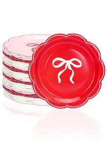 10pcs/20pcs/50pcs Red Pink White Bow Paper Plates 7 Inch Red Scalloped Plates Disposable Dinner Plate For Wedding Babe Shower Birthday Party Valentine Day Dessert Plate - Bow Style - View 6