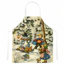 1pc Vintage Christmas Pattern Printed Apron, Suitable As Christmas Gift, Christmas Decor, Christmas Atmosphere Decoration, 100% Polyester, Sleeveless, Neck Strap Design, For Cooking, Baking And Entertainment, Great For Home, Restaurant, Party, Outdoor BBQ, Baking Apron | Vibrant Apron | Polyester Apron | Printed Apron - Multicolor - View 13