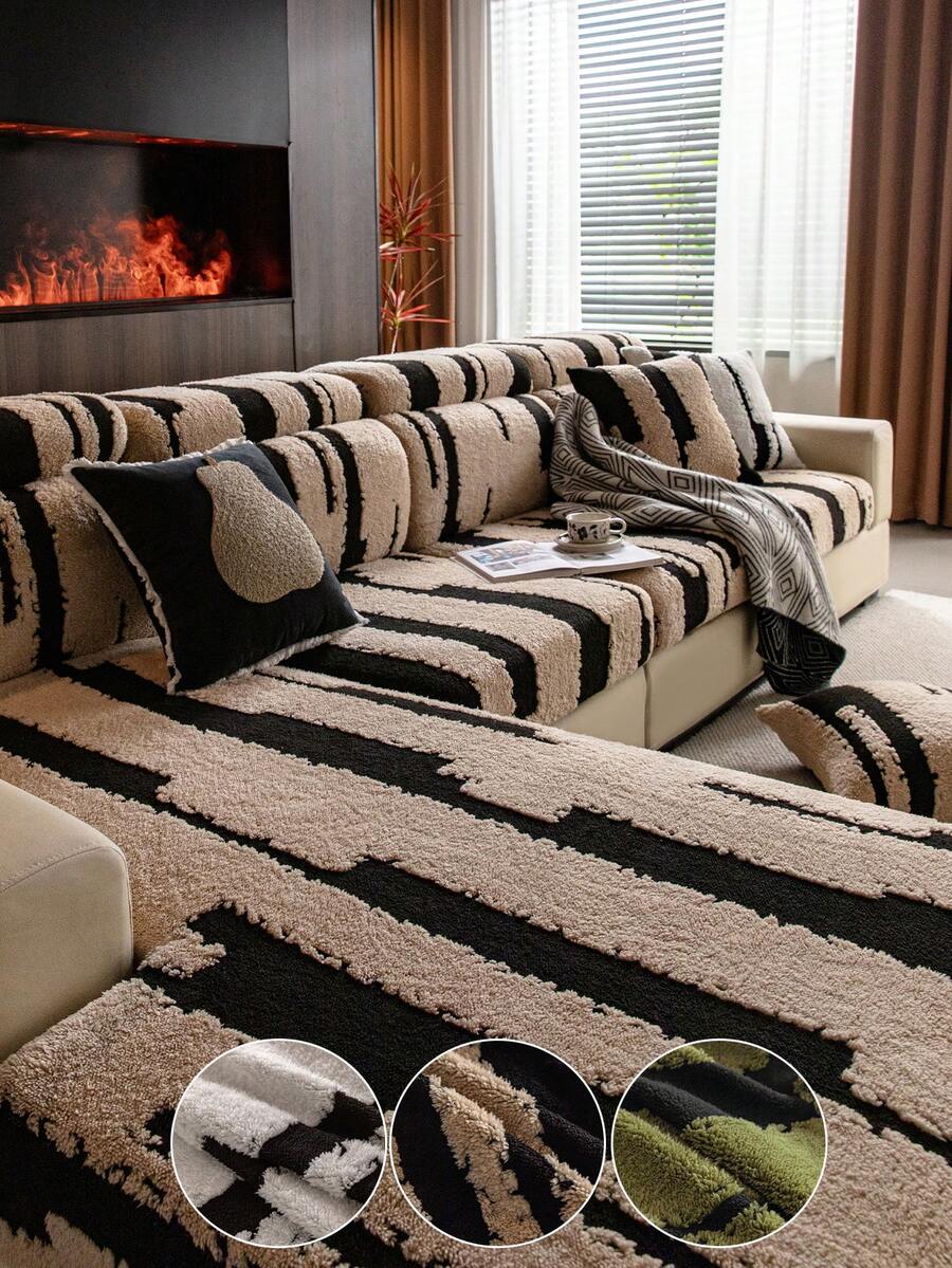1pc Thick Warm Jacquard Soft Velvet Anti-Slip Sofa Seat Cushion Cover, Style Soft & Skin-Friendly Pet-Proof Elastic Sofa Slipcover, Autumn/Winter Anti-Scratch Sofa Skirt Suitable For L-Shaped Combination Sofa And 1/2/3/4 Seat Sofa (Sold Individually) - Coffee Brown - View 1