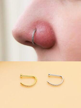 1pc Imitation Piercing Nose Ring D-Shaped Zirconium Inlay 5A Grade Imitation Piercing Nose Ring Imitation Piercing Lip Ring Nasal Septum Non-Perforated Nose Stainless Steel Fashion Body Jewelry