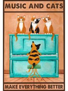 Decorative Signs Plaques   Cat Playing Piano Music And Cats Make Everything Better Poster, Funny Cat Art, Animal Lovers Poster, Cat Playing Piano, Cat Lover GiftRetro Metal Sign - 黑色 - 查看 1