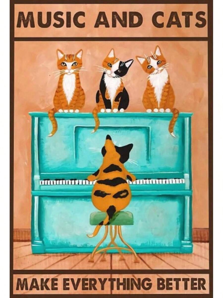 Decorative Signs Plaques Cat Playing Piano Music And Cats Make Everything Better Poster, Funny Cat Art, Animal Lovers Poster, Cat Playing Piano, Cat Lover GiftRetro Metal Sign - 黑色 - 查看 1