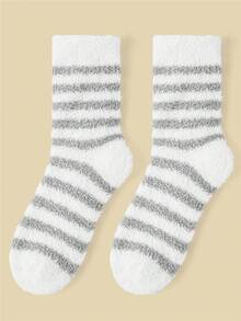 1Pair Women Khaki Socks With White Stripes Winter Cozy Warmly Soft Fuzzy Socks Comfort Fluffy Anklet Crew Socks