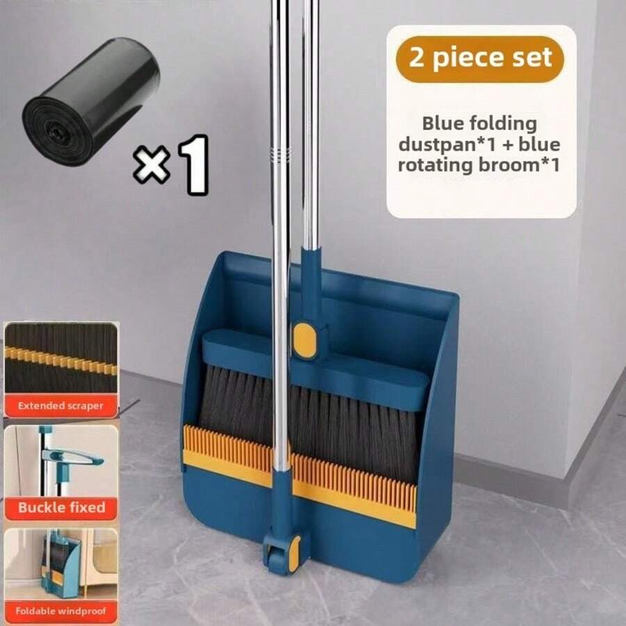 2/3-In-1 Broom And Dustpan (3-In-1 Include Floor Brush) Combo Set-With Garbage Bags - Long Handle Brush With Upright Stand For Home, Office, School Accessory For Kitchen, Dorms, Bathroom- Cleaning Tool Kit - 2-1藍色 - 查看 1