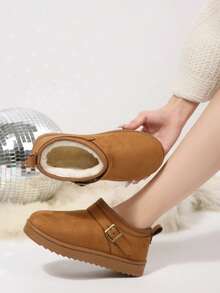 女士雪地靴，软底防滑，新款秋冬短靴，套脚式，时尚简约纯色设计，保暖内衬踝靴，毛绒靴 - 黃色 - 查看 8