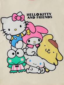 2pcs SANRIO Sanrio Girls' Outfit, Includes Hello Kitty Printed Green Crew Neck Long Sleeve T-Shirt And Drawstring Pants, Comfortable Fabric, Suitable For Casual, Home, Holiday, Halloween, Christmas Gifts, Teenage Fashion - Apricot - View 5