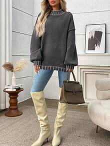 Plus Size Casual Crew Neck Striped Contrast Color Knit Pullover Sweater - Grey - View 3