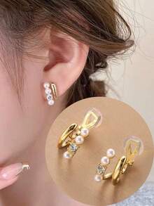 1 Pair Fashion Faux Pearl & Rhinestone Double Row Clip-On Earrings, Elegant Personalized Mosquito Coil Clip Earrings For Women, Suitable For Daily Wear And Holiday Gifts - Ear Clip - View 13